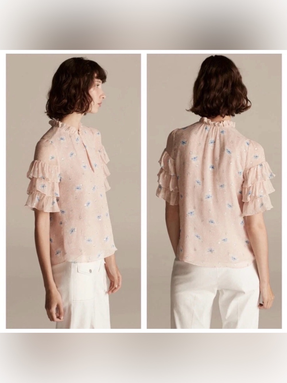 Rebecca Taylor Floral Metallic Ruffle Sleeve Blouse Pink 8 90% Silk